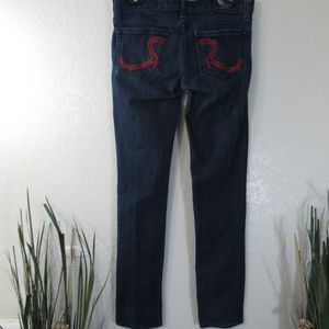 Blue Denim Jeans-Red Stitch-Crystals Pocket